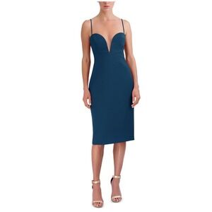 BCBGMAXAZRIA Plunge Neck Evening Dress Poseidon Blue Midi Sheath Size 6 MY05D01